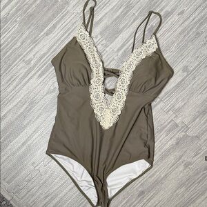 FunnyGirl Lace Trim Olive Green One Piece Swimsuit Size Large